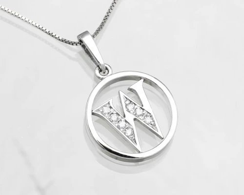 Zawieszka z diamentami  1,5 mm litera W w kółku 18 k, 750 białe rodowane złoto